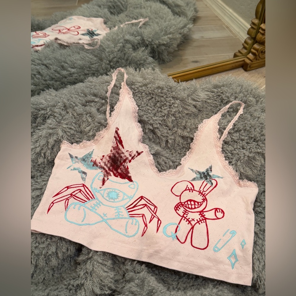 Custom Hand painted Nasty Gal Pink Lace-Trim Graphic Tank